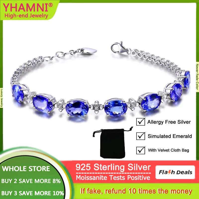 

YHAMNI Original Silver 925 Jewelry Luxury Lab Sapphire Bracelet for Women Delicate Accessories High Quality Anniversary Gifts