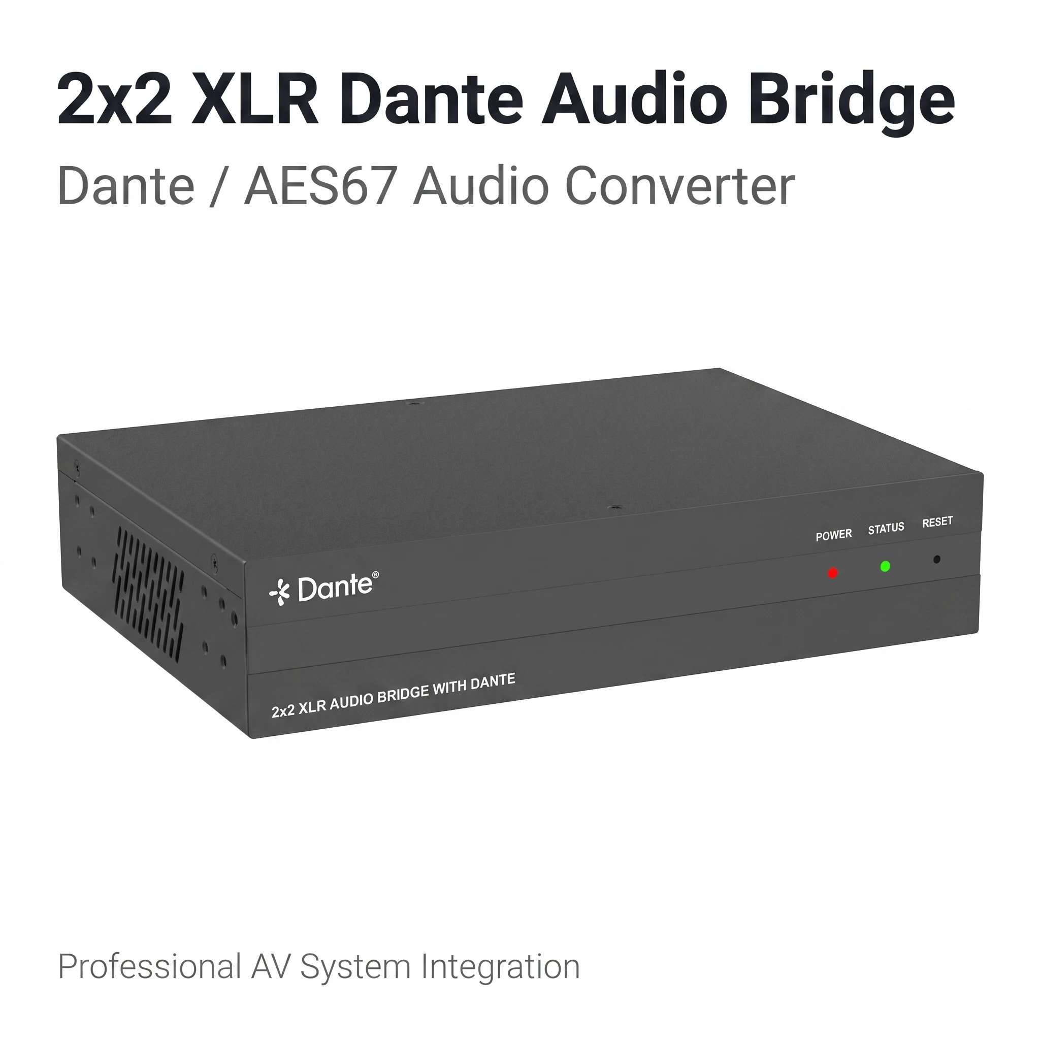 2x2 XLR Dante AES67 Audio Bridge PoE DC12V Dual Power +48V Phantom Power 8‑Band PEQ DSP 1U Rack‑Mount Metal Housing