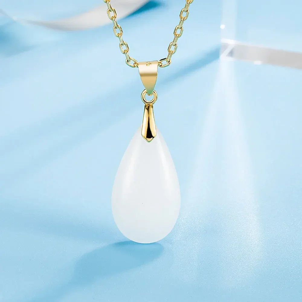 Lihong Exquisite Jewelry 925 Sterling Silver White Jade drop Pendant Necklace Earrings Set For Women engagement Jewelry gift