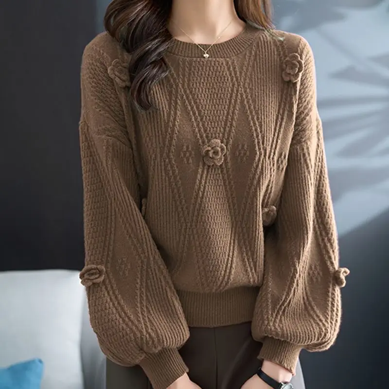 Women's Clothing O-Neck Autumn Winter Solid Color Pullover Lantern Long Sleeved Sweater Knitted Casual Elegant Tie Flowers Tops