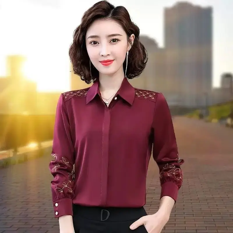 

Vintage Embroidery Blouse Spring Autumn New Long Sleeve Solid Color Polo Neck Plus Size Shirt Tops Office Fashion Women Clothing