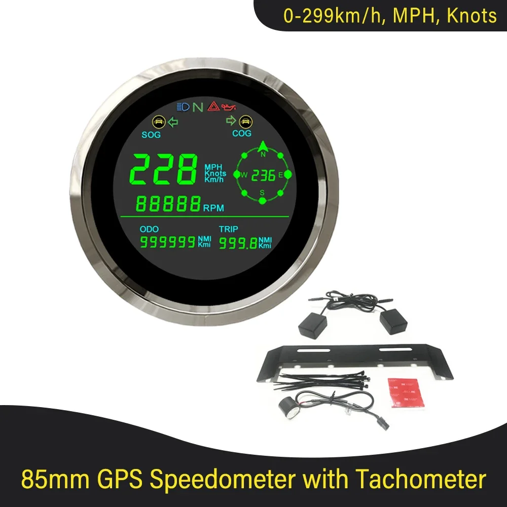 Newest 85mm Digital 0-299km/h MPH Knots GPS Speedometer Odometer with Tachometer 0-19999RPM with Hour Meter for Car Truck