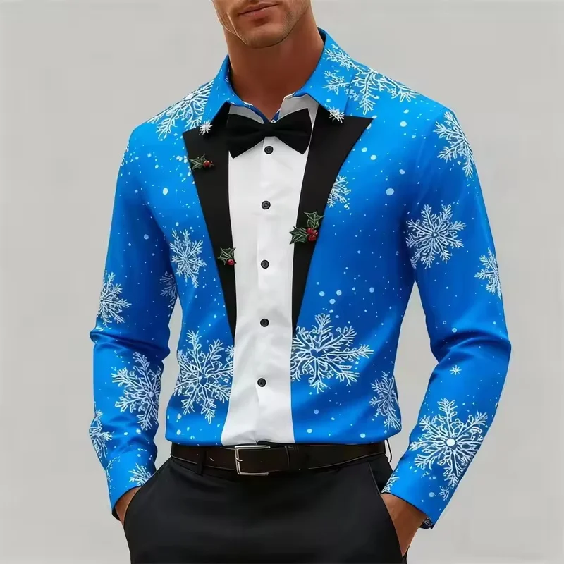 Nueva camisa navideña con corbata y patrón de copo de nieve para hombre, disfraz navideño, camisa informal de manga larga a la moda, adecuada para