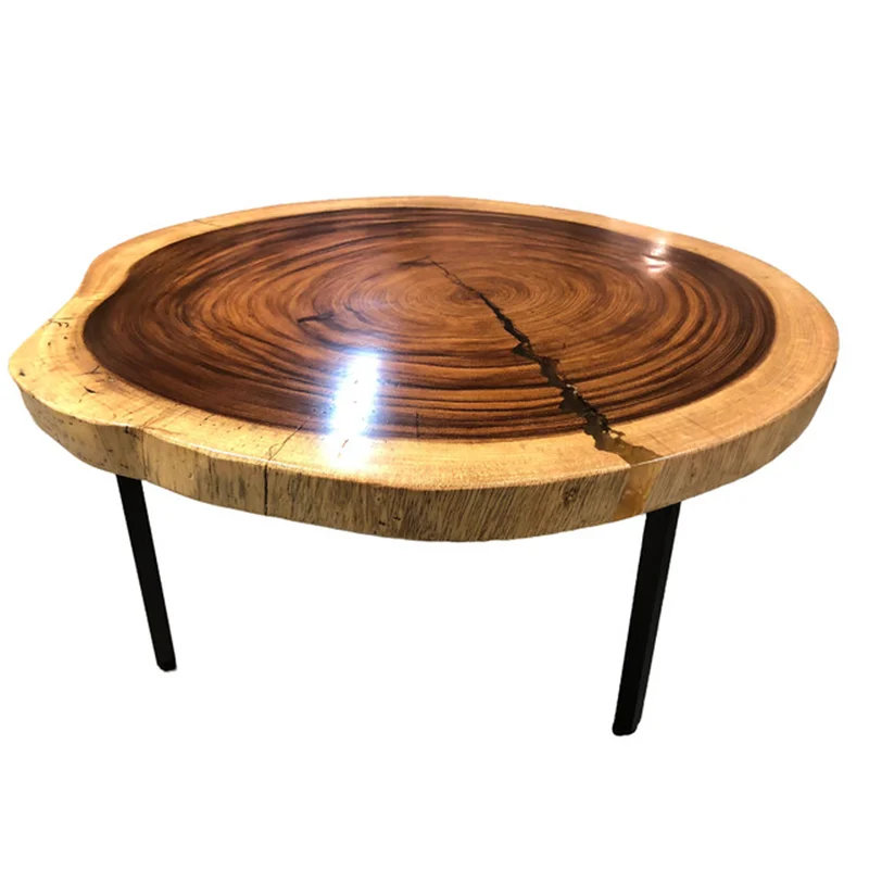 Round Walnut Slab Coffee Table With Resin Solid Wood Coffee Table Customized Size