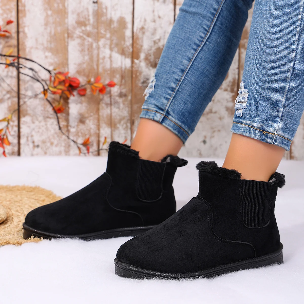 Damen-Stiefeletten mit Fransen zum Hineinschlüpfen, trendige, bequeme Winter-Kurzstiefel – Detail 10