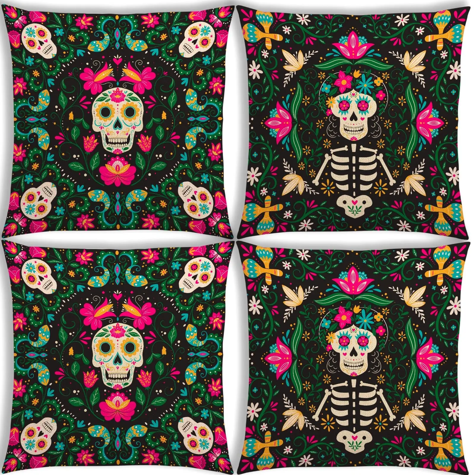 

Day of The Dead Throw Pillow Covers Set of 4 Dia De Los Muertos Decor Sugar Skull Pillow Cases for Bed Couch Sofa Home Decor
