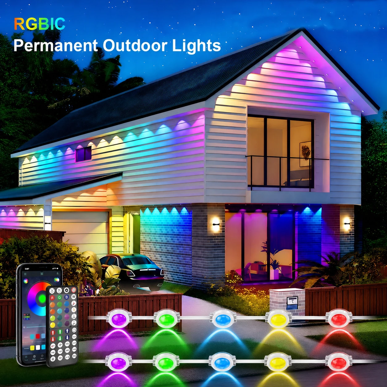 Smart Permanent Outdoor Lights Eaves Lights IP67 Waterproof Light String with App Remote Control Music Sync for House Roof Decor