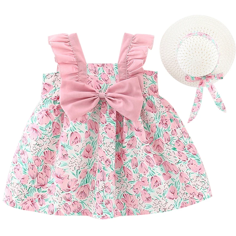 

2Piece Newborn Girl Summer Clothing 2023 Toddler Dresses Fashion Print Sleeveless Cute Bow Beach Baby Princess Dress+Hat BC186