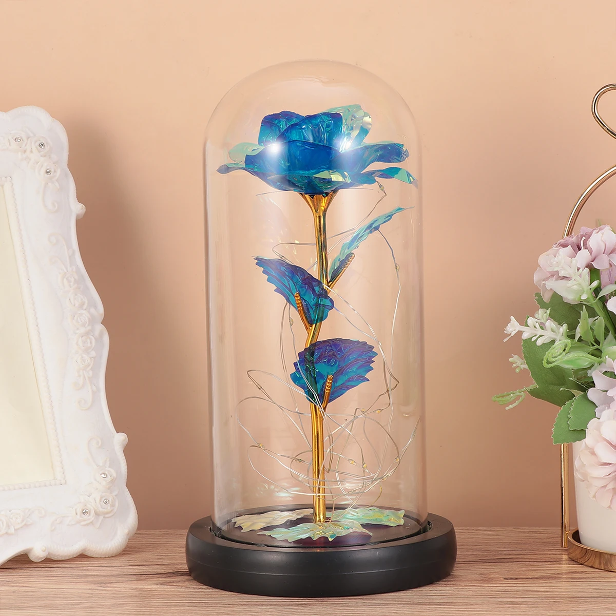 

Glass Rose Night Light Artificial Plastic Flower Glass Dome Table Decoration Romantic Atmosphere Valentine Day Gift