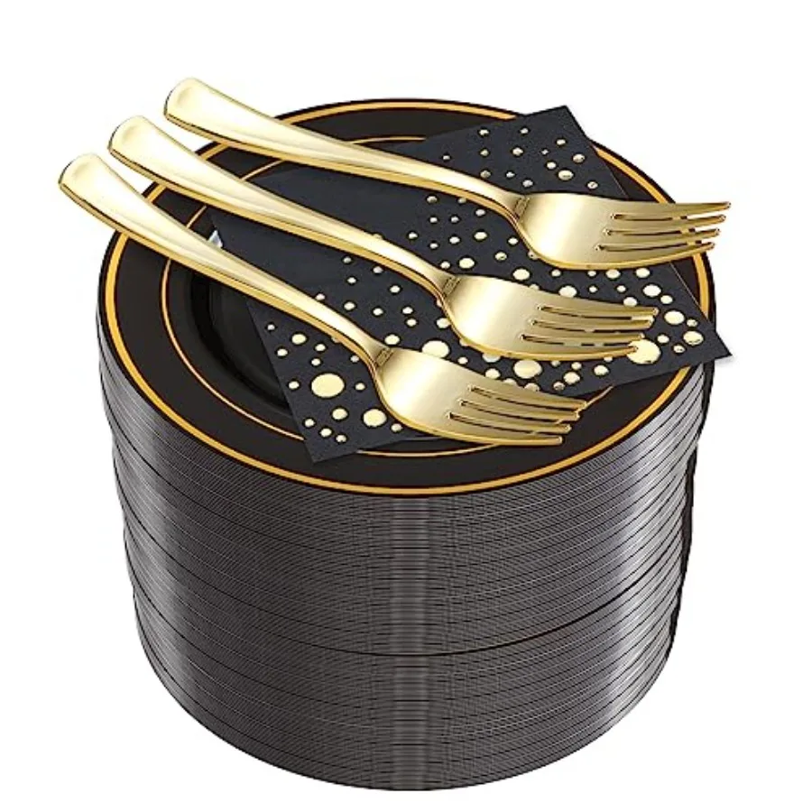 

Stylish 7.5 Inch Gold and Black Cake Plates with Disposable Forks and Cocktail Napkins 100 Set of Each Small Appetizer Plates D