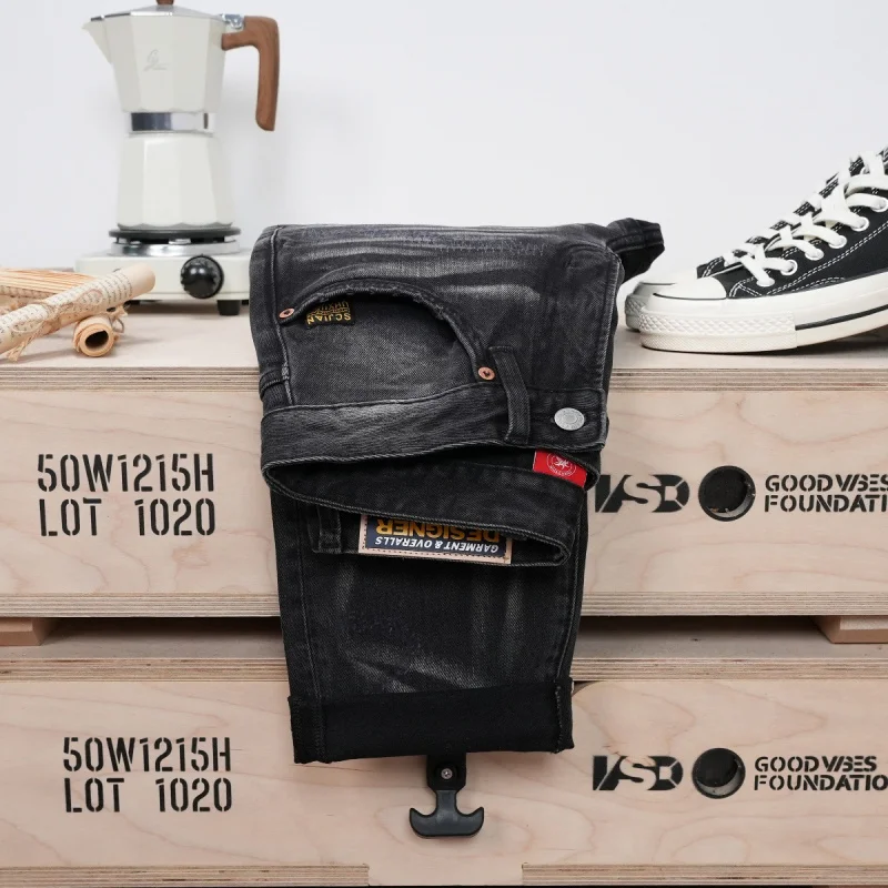 New autumn and winter men's black and gray jeans with washed and distressed design, slim straight cut, high-end men's wear