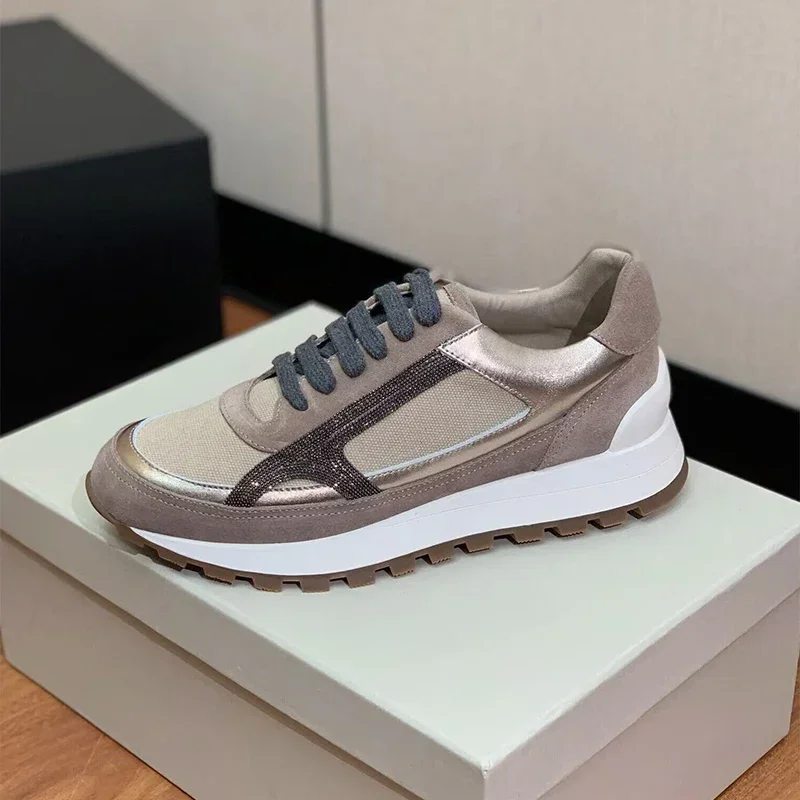 Flat Thick Soled Lace Up Sneakers Women String Bead Decor Mixed Color Breathable Casual Shoes Spring Autumn Daily Running Shoes