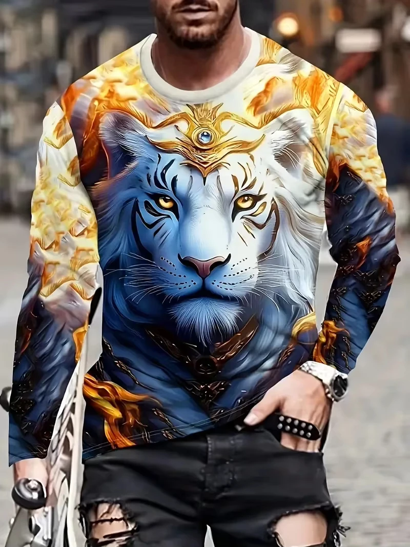 

Fashion Tiger Print Men's Long Sleeve T-shirt Autumn Casual Men's Crew Neck Long Sleeve T-shirt Streetwear Long Sleeve T-shirt