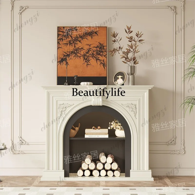 French Cream Wind Solid Wood Fireplace Cabinet Living Room Decoration Cabinet Electronic Simulation Fire Fireplace Cabinet Home