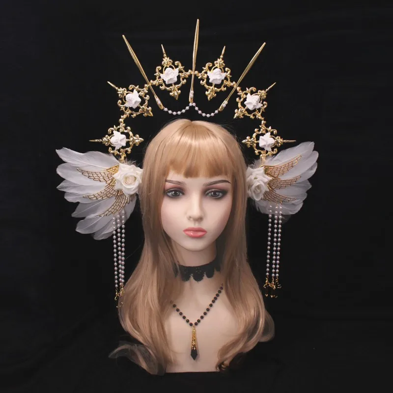 Virgin Mary Halo Crown Headpiece Lolita KC Headdress Angel Feather Wings Halo Goddess Headband Baroque Tiara Hair Accessories