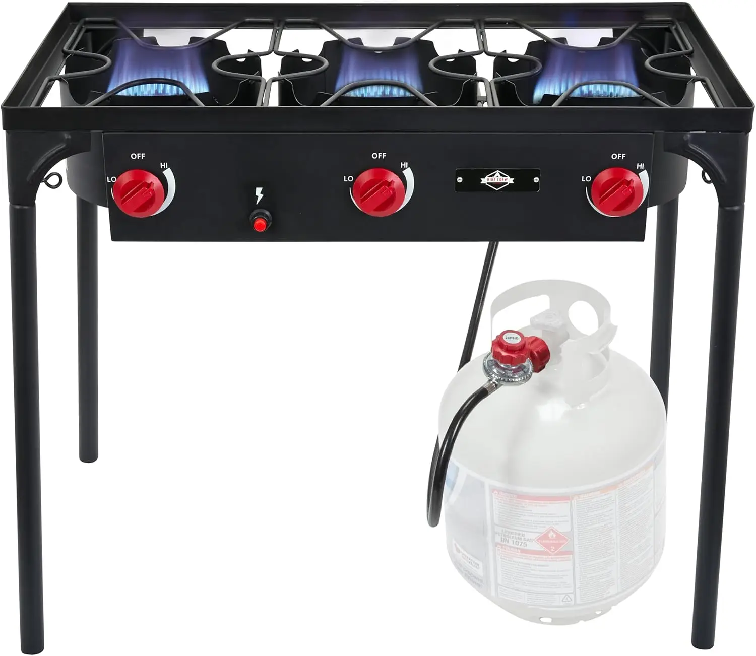 Crew Auto Ignition 3-Burner Outdoor Gas Stove | 225,000 BTU Portable Propane-Powered Cooktop with Blue Flame Control, Removable