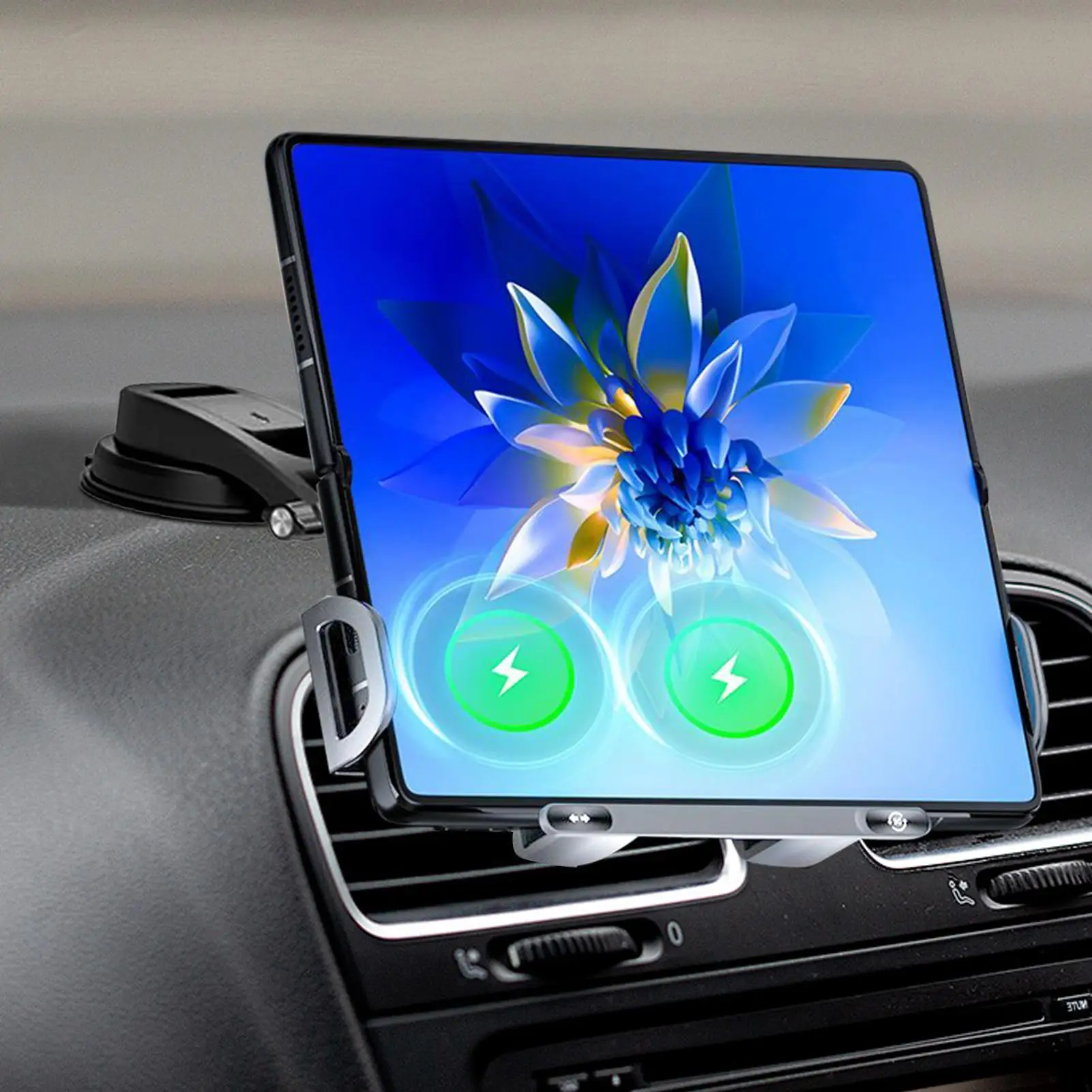 Untuk Huawei Mate X/ Vivo X Lipat/Samsung Galaxy Z Lipat/Xiaomi MIX Lipat Pengisi Daya Mobil Nirkabel Dasbor Dudukan Ponsel 15W Kumparan Ganda