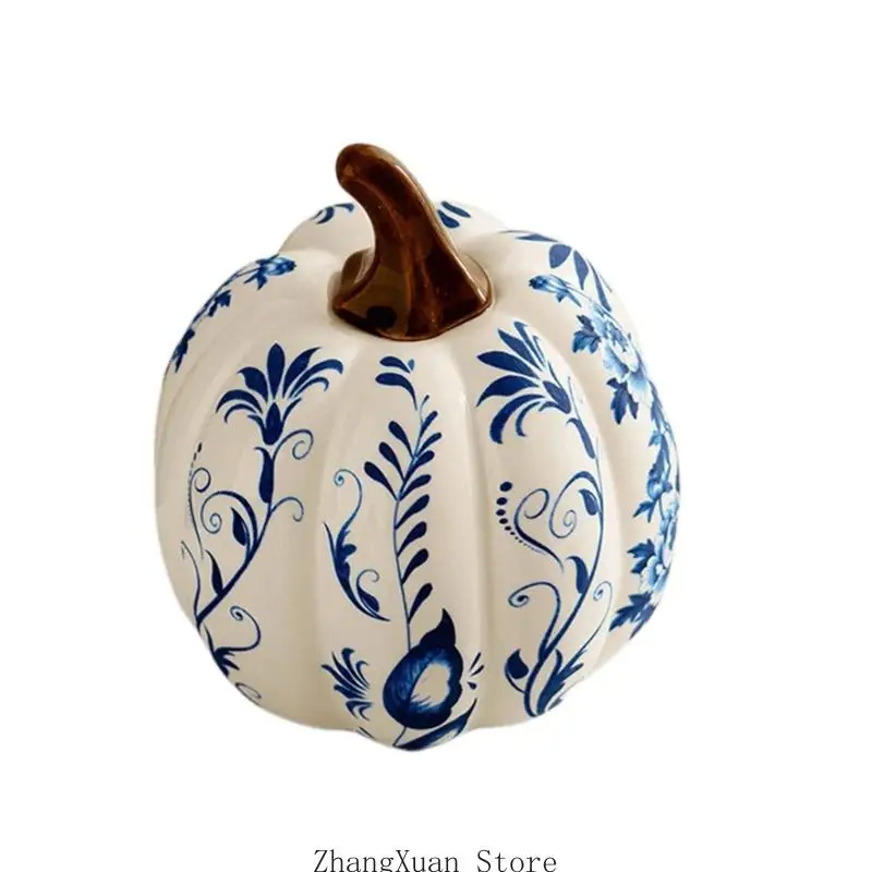 Seasonal Pumpkin Figure for Shelf Display, Blue and White Harvest Piece for Entry Tables and Indoor Home Use Daily 3XUF