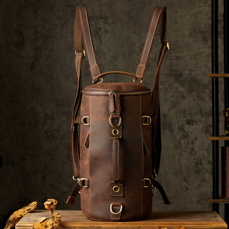 Cowhide Backpack Retro Large Capacity Barrel Bag Crazy Horse Leather Rucksack Vintage Genuine Leather Travel Hiking Knapsack Men