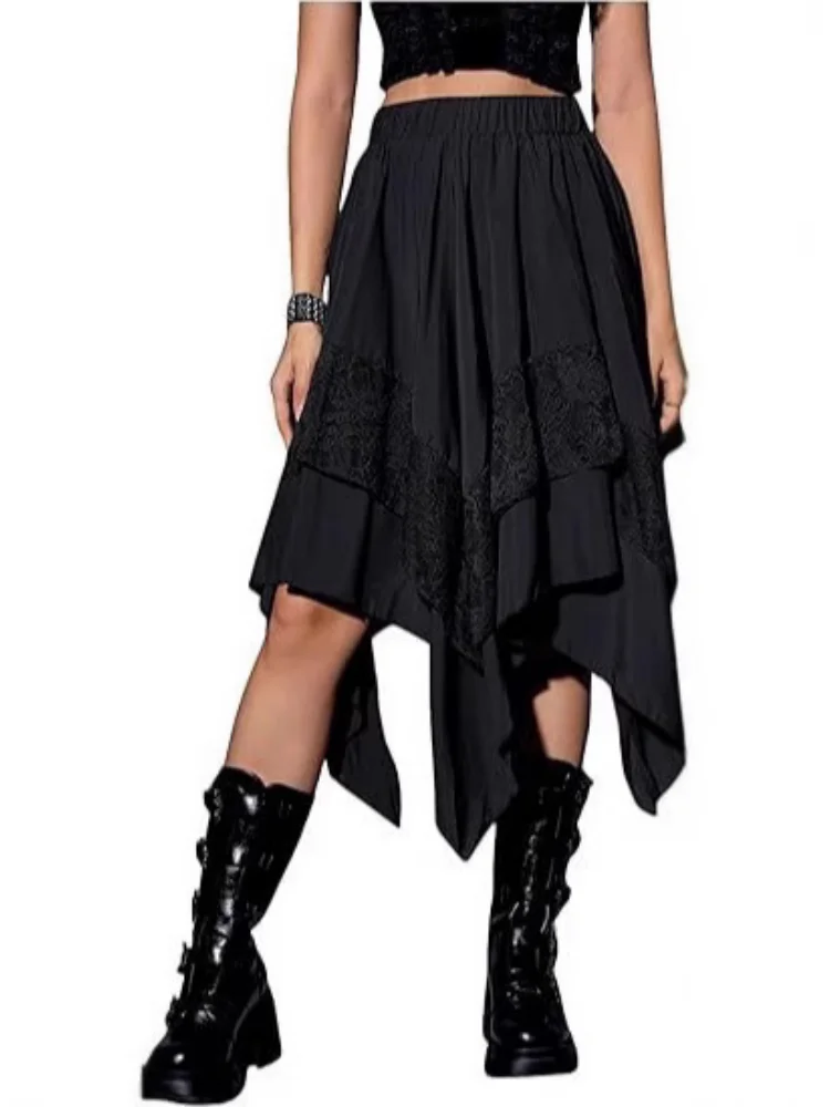 

2026 New Spring Large Renaissance Lace Patchwork Midi Skirt For Women Asymmetric Pointed Hem Fairy Skirt Halloween Streetwear