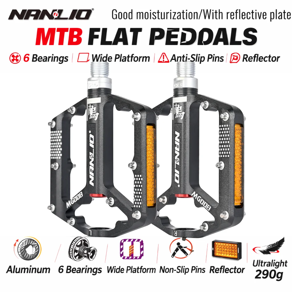 

NANLIO MTB Bicycle Pedals Ultralight Aluminum Alloy Flat Pedal 3 Sealed Bearings Anti-Slip with Reflectors Bike Accessories