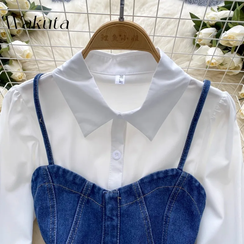 WAKUTA American Retro Lady's Versatile Western-style Tassel Denim Tanks French Shirt Dress Fall Two-piece Set Кастюмы Для Женщин