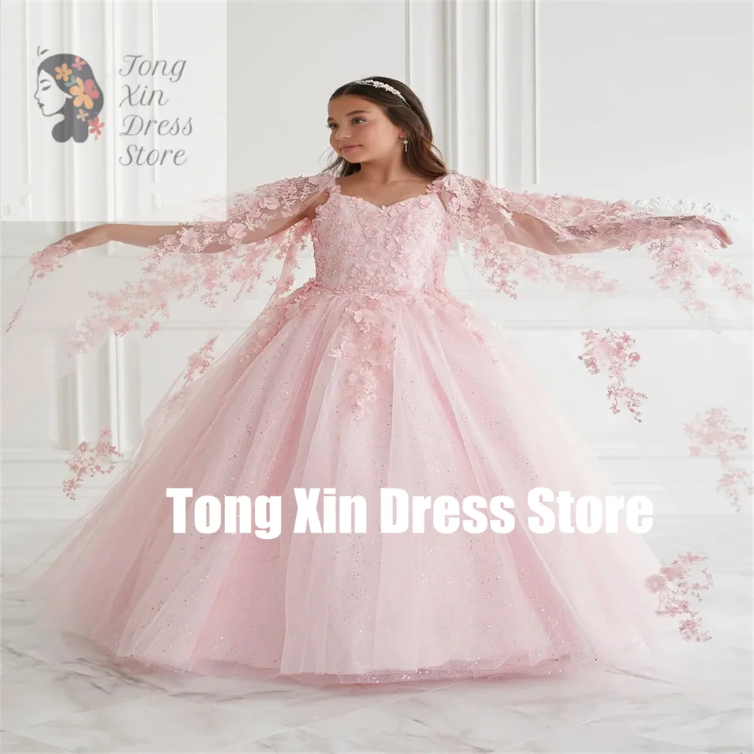 Özelleştirilmiş Pembe 3D Aplike Pelerin Kol Zarif Çiçek Kız Elbise Ince Askı İlk Cemaat Doğum Günü Balo Parti Özel Resmi