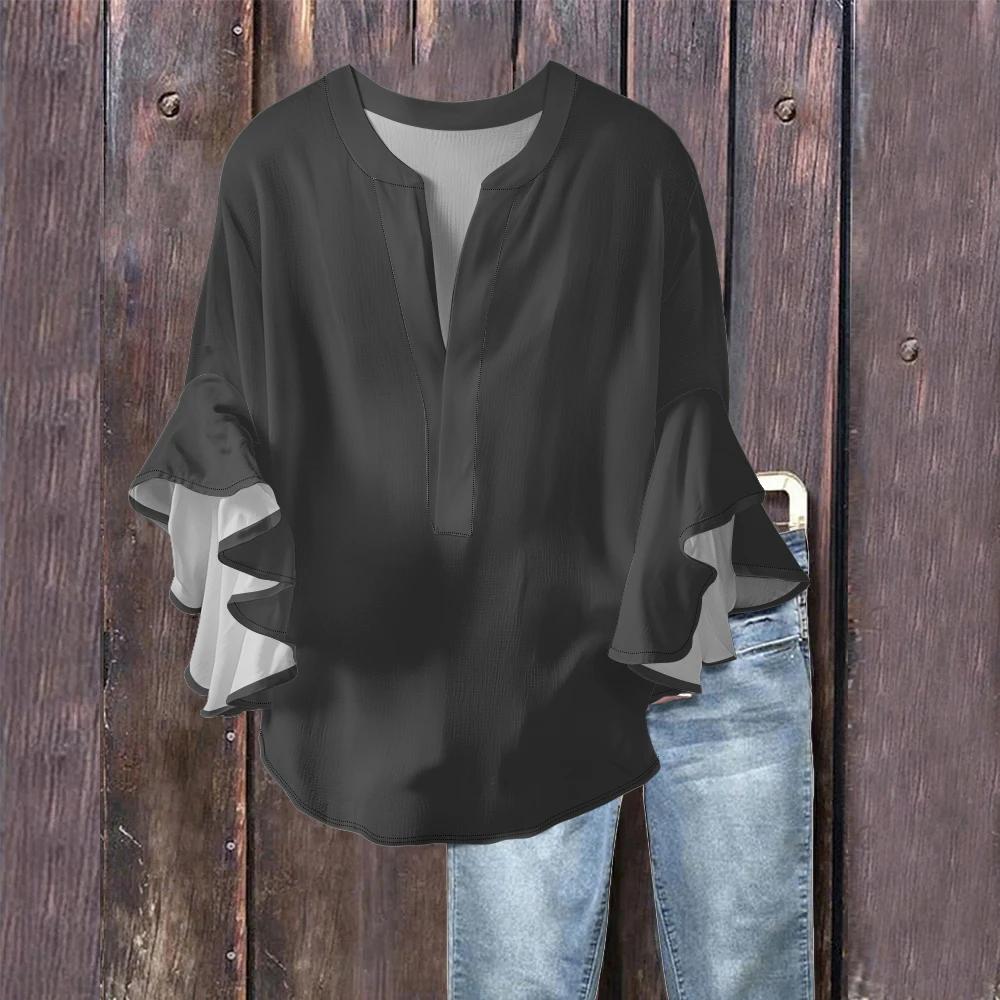 ​ بلوزة نسائية ذات لون نقي، قميص كريب فقاعي باللونين الأزرق الداكن والأبيض مع رقبة على شكل حرف V وأكمام منتفخة مكشكشة، بلوزة كاجوال عصرية أنيقة