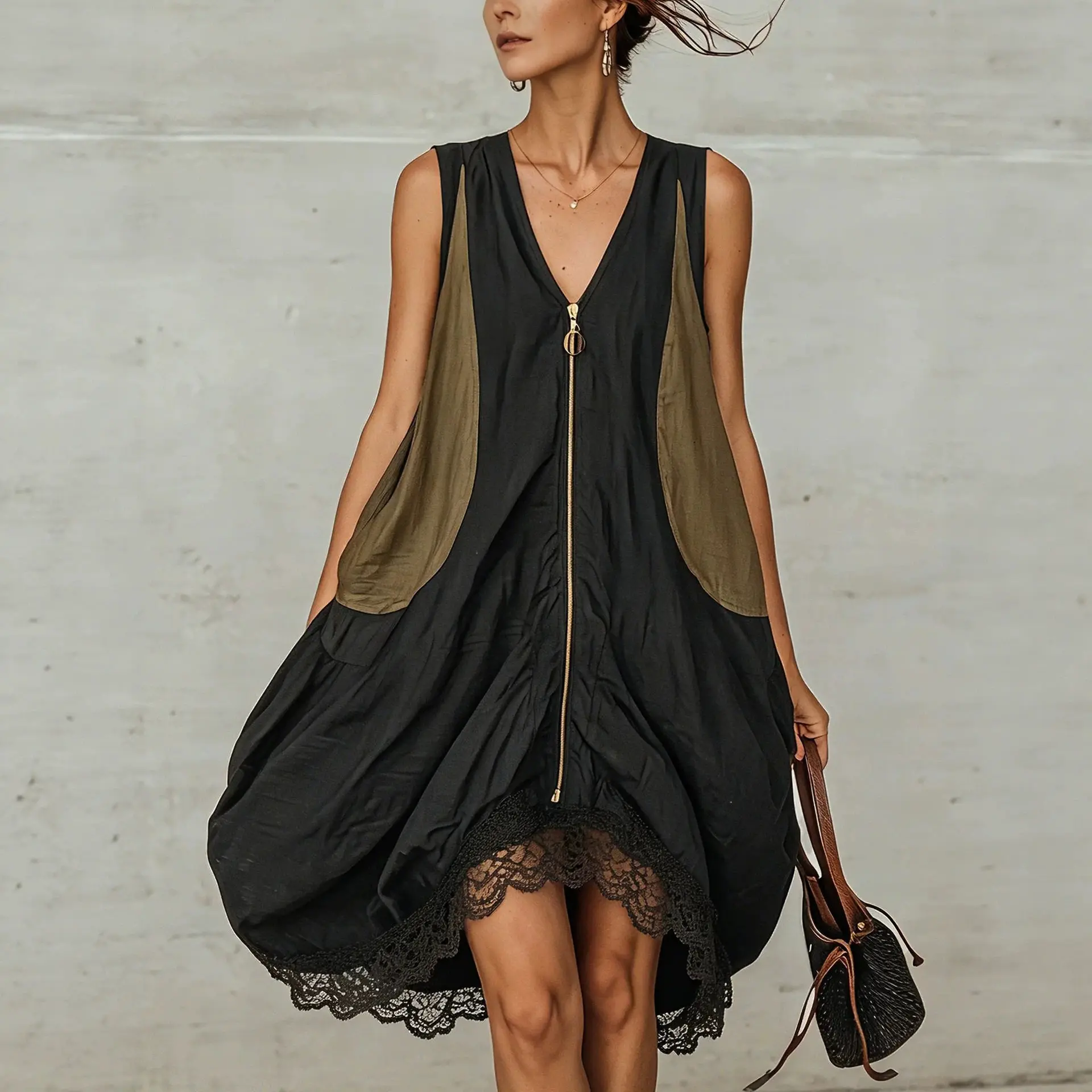 

Boho Sleeveless V Neck Midi Dress Women Color Block Patchwork Front Zipper Lace Hem Loose Casual Holiday Vestidos Streetwear