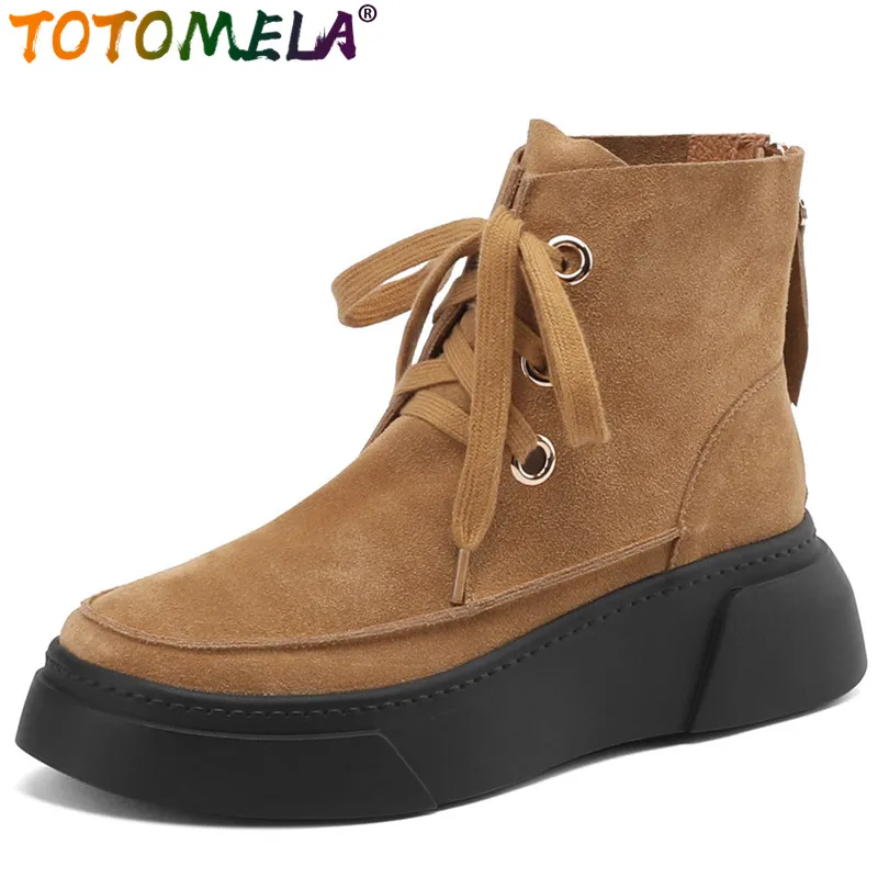 

TOTOMELA 2024 New Cow Suede Leather Ankle Boots Women Retro Female Narrow Band Autumn Boots Zipper Chunky Heels Platform Boots