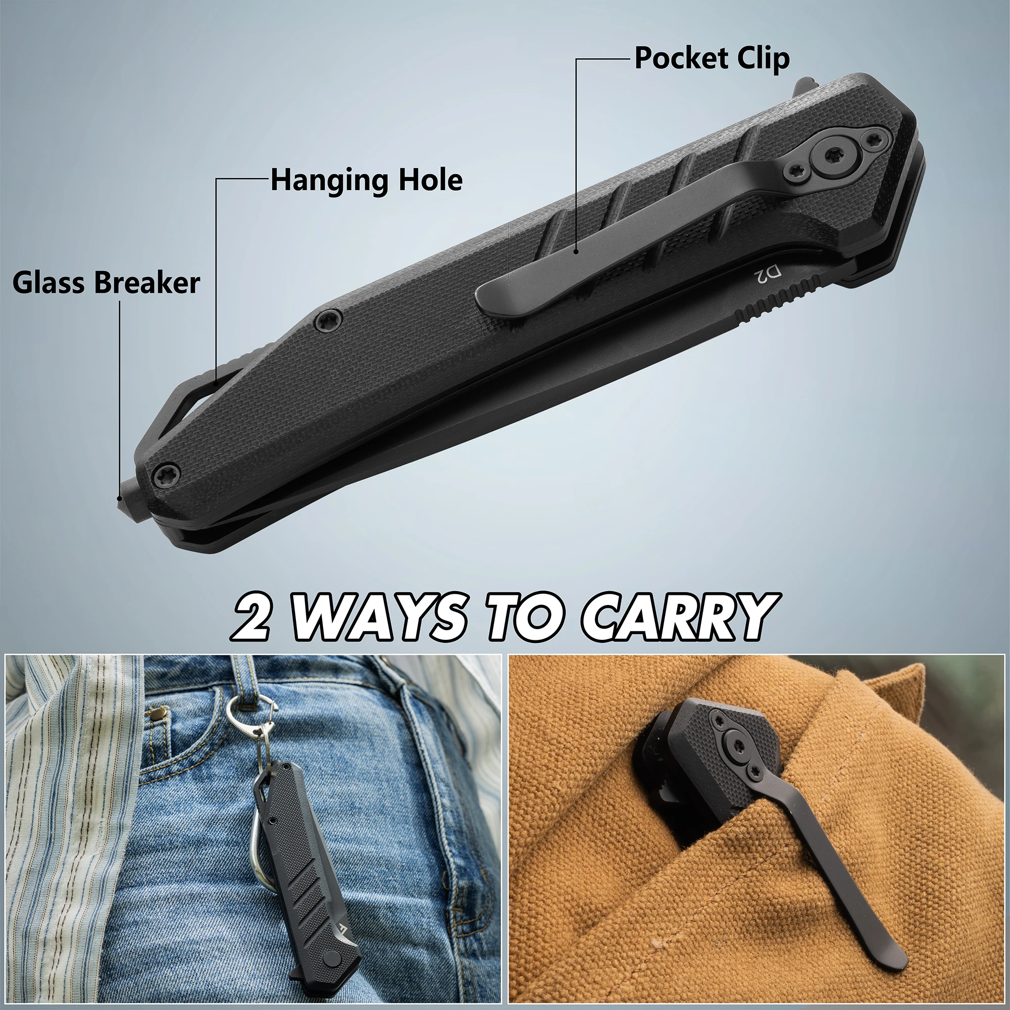 FLISSA 4.5" G10 Handle Folding Knife with Window Breaker Portable Knife Survival Knives Hunting Camping Tool Cutter