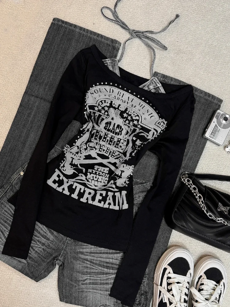 تي شيرت نسائي جمالي عتيق على الطراز القوطي الأسود من 2000s تي شيرت ريترو بانك جرافيك الجرونج Y2k ملابس هاراجوكو بأكمام طويلة ملابس الشارع الأمريكية