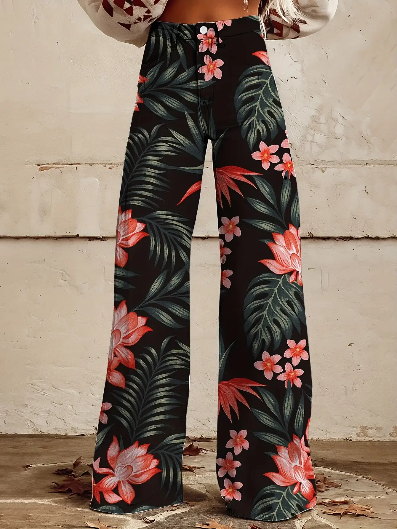 

Women's new casual jeans with a variety of colorful western prints, Ladies' casual denim pants with tropical palm tree print
