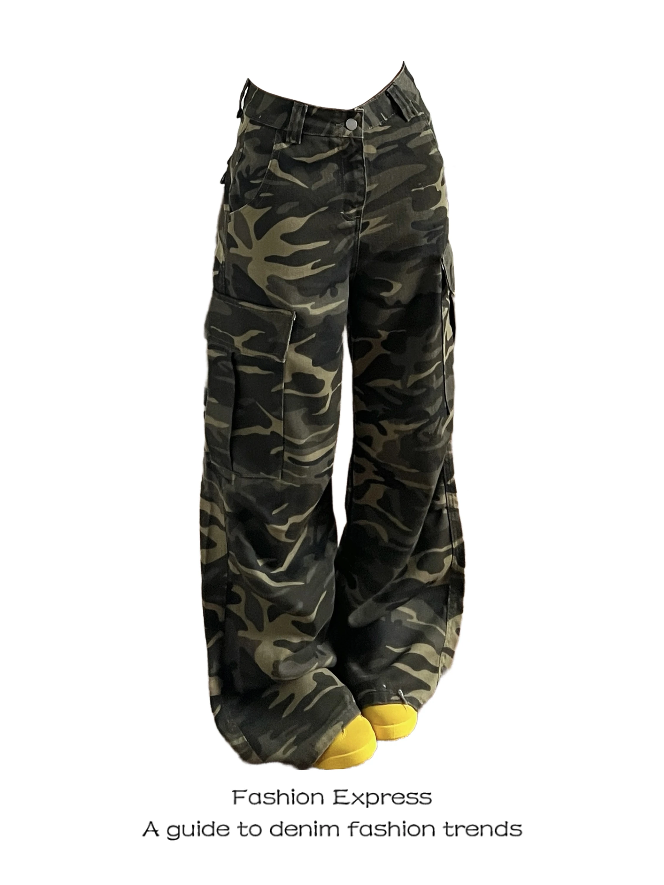 Cool Camouflage Work Pants Women's Stylish Straight Leg Wide Leg Jeans Spring Autumn Sweet Cool Design High Waist Casual Jeans