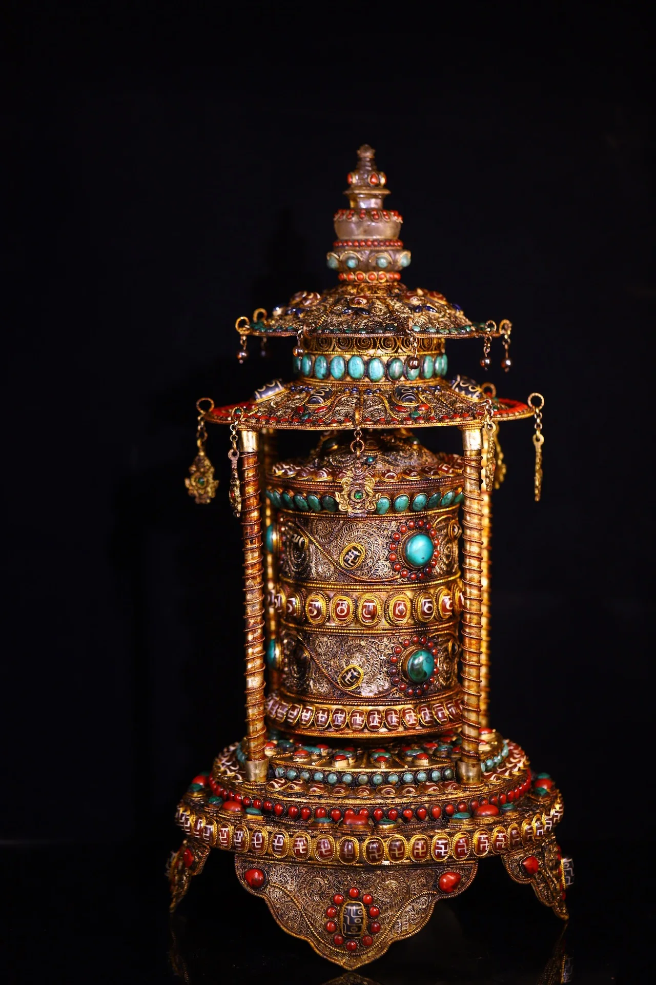 

22"Tibetan Temple Collection Old Tibetan Silver Gilded Filigree Mosaic Gem gZi Beads Turning Wheel Old Scriptures Prayer Wheel