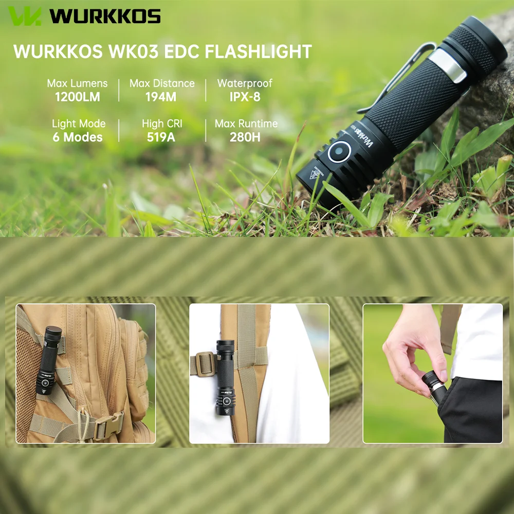 

Wurkkos WK03 1800LM Portable EDC Magnetic Flashlight IPX-8 High CRI 280H Runtime Rechargeable Design for Camping Hiking Lighting