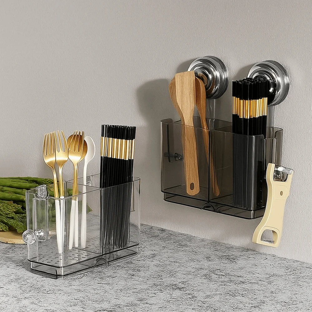 

Plastic Suction Cup Chopstick Holder Large Capacity Moisture-proof Chopstick Storage Box Wall Mounted with Drain Tray
