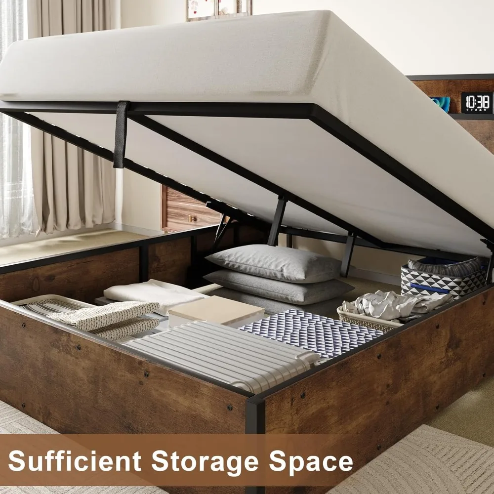 Lift Up Storage Bed Frame, Wooden Platform Bed Frame with Lifting Storage & Charging Station, No Spring Box Needed