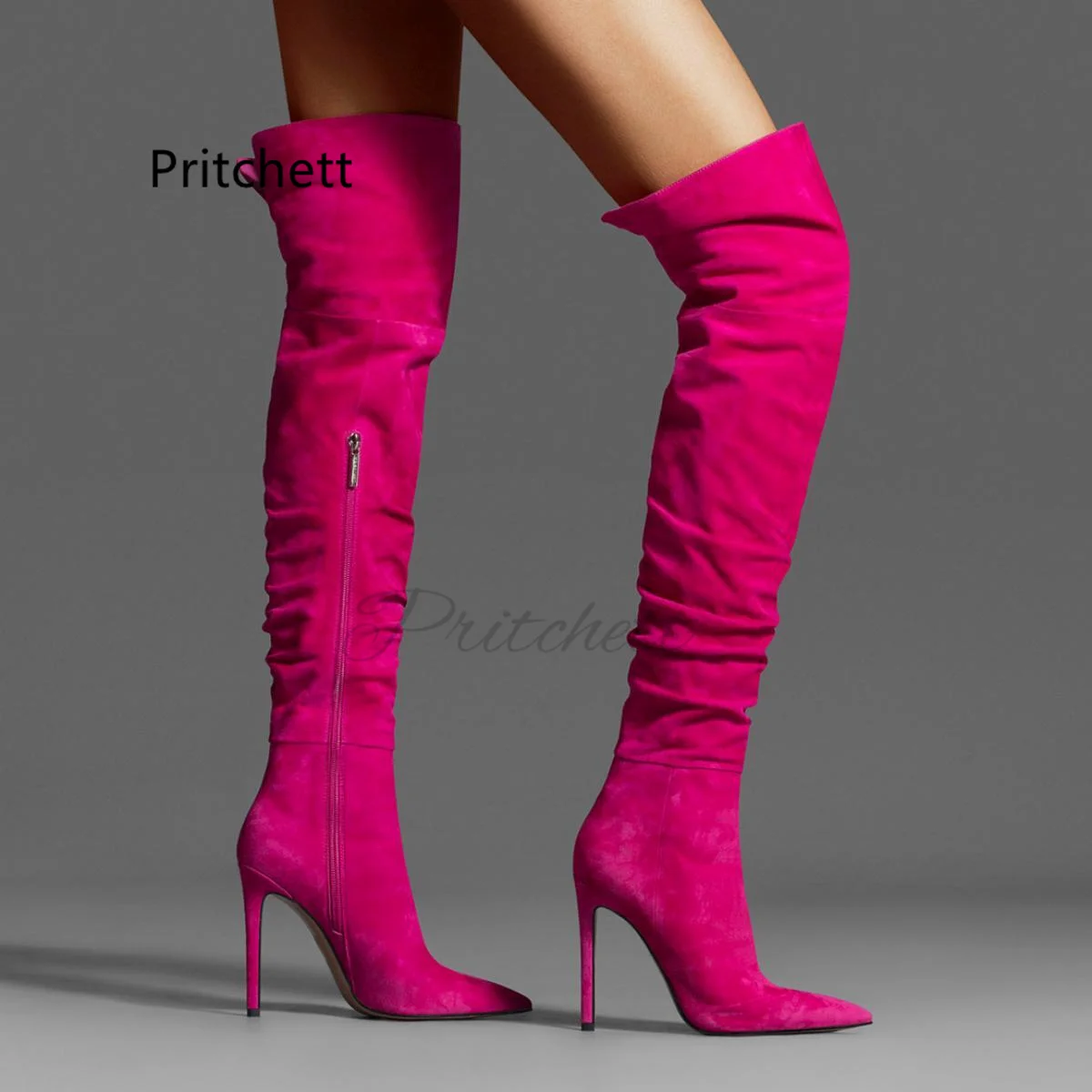 

Suede Over The Knee Boots for Women Elegant Pointed Toe Stiletto Heel Long High Heel Boots Dress Catwalk Modern Pleated Boots