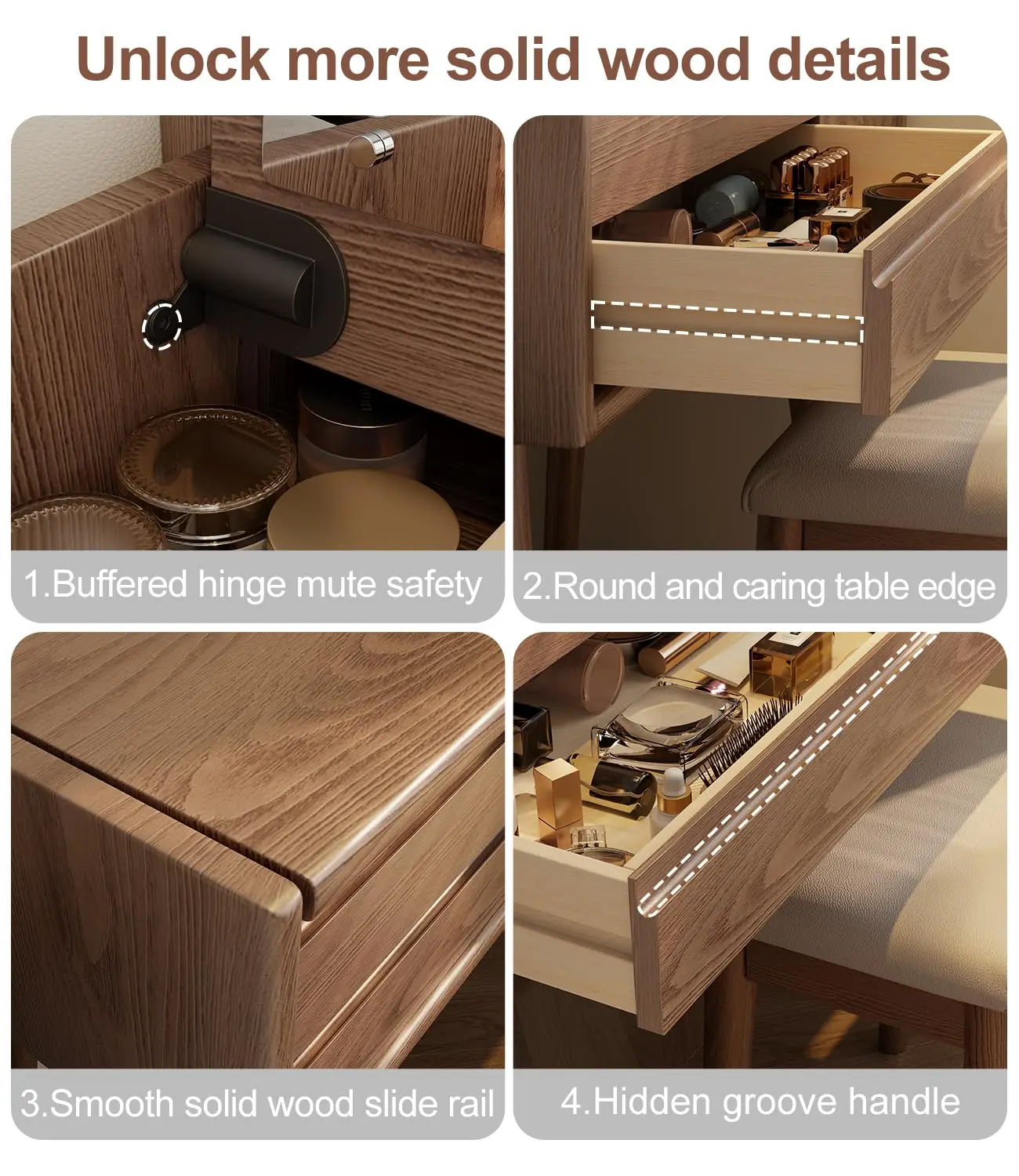 Wood Vanity Desk with Mirror and Lights, Dressing Table Set 3 Drawers, 32 Inch Large Make Up Table
