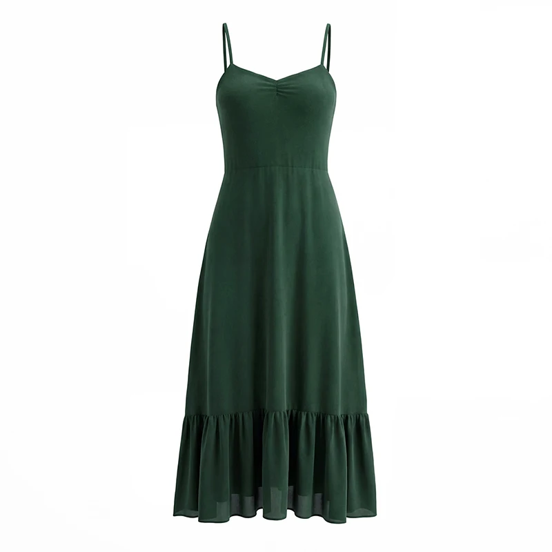Yenkye verde escuro alças de espaguete vestido longo feminino decote em v a linha férias vestidos de verão maxi robe novo 2026 roupas