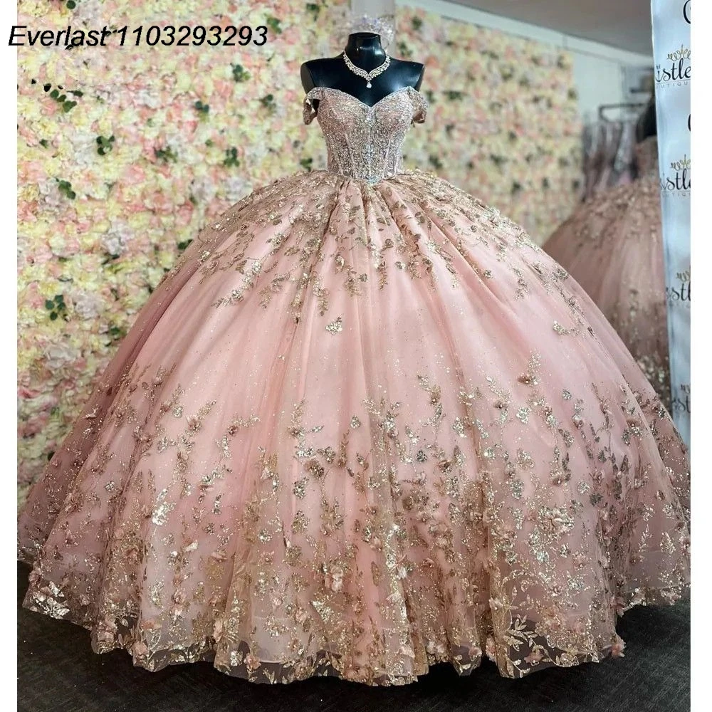 

EVLAST Customized Glitter Pink Quinceanera Dress Ball Gown Gold Lace Applique Beading Corset Sweet 16 Vestido 15 De Años TQD259