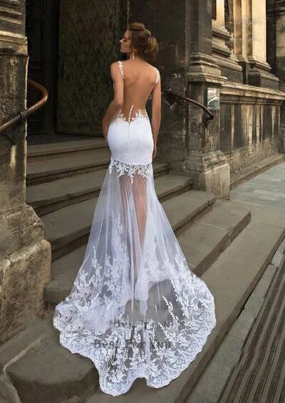 Moderno vestido de casamento curto sereia com trem destacável três peças 3 em 1 apliques de renda sheer neck sem costas vestidos de noiva 2025