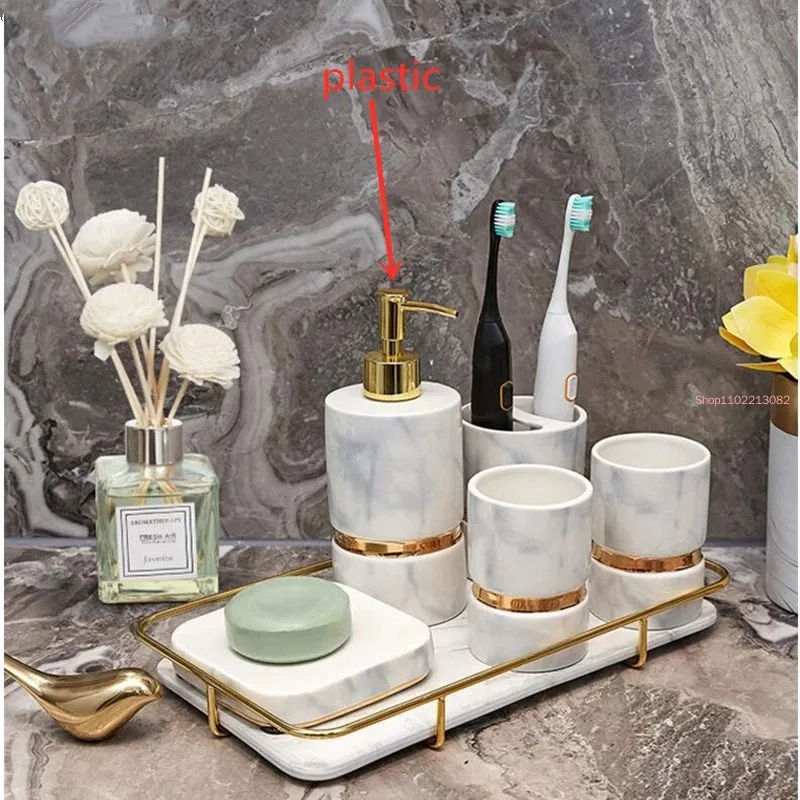 European Upscale Ceramic Bathroom Accessory Set Marble Soap Dispenser Gargle Cup Toothbrush Holder Dish Household Wash