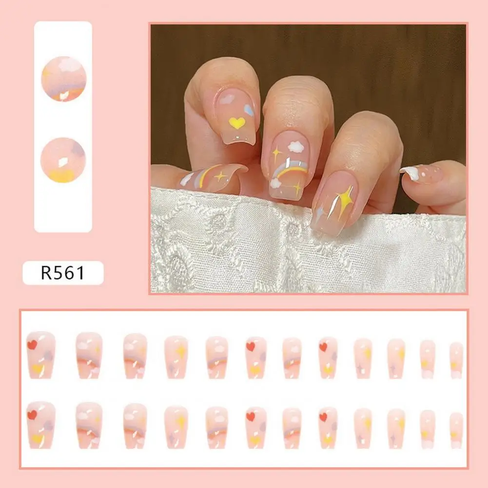 Love Heart Fake Nails Flower Love Heart Press on Nails 24pcs Short Square Glossy Nail Extensions for Salon Home Women Girls Full