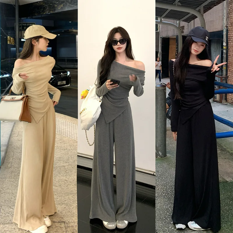 Early Spring Casual Wide Leg Long Sleeve Two Piece Set for Short Women Shoulder Pad Design Comfortable Breathable Summer Outfit