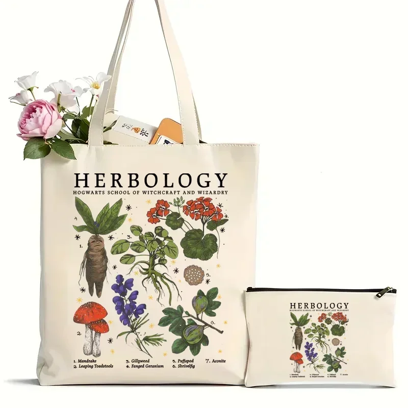 1pc Herbology Plants Pattern Tote Bag Botanical Travel Bag Gardening Tote Bag Shoulder Bag Gift For Plant Lover