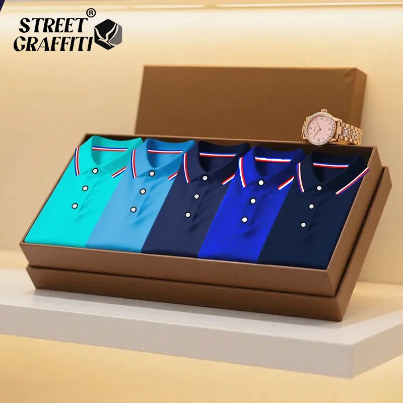 2025 الرجال الصيف قصيرة الأكمام التلبيب بولو 5 قطعة 1 حزمة عادية تنفس قميص مريح الصلبة عالية الجودة الذكور تي شيرت