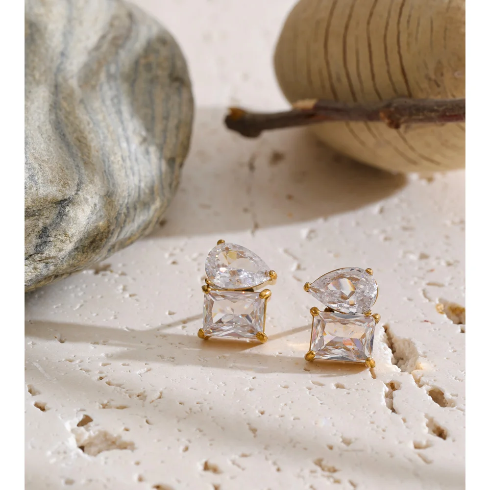Yhpup Stainless Steel Cubic Zirconia Square Water Drop Daily Stud Earrings High Quality Shiny Fantasy Glamorous Jewelry Trendy