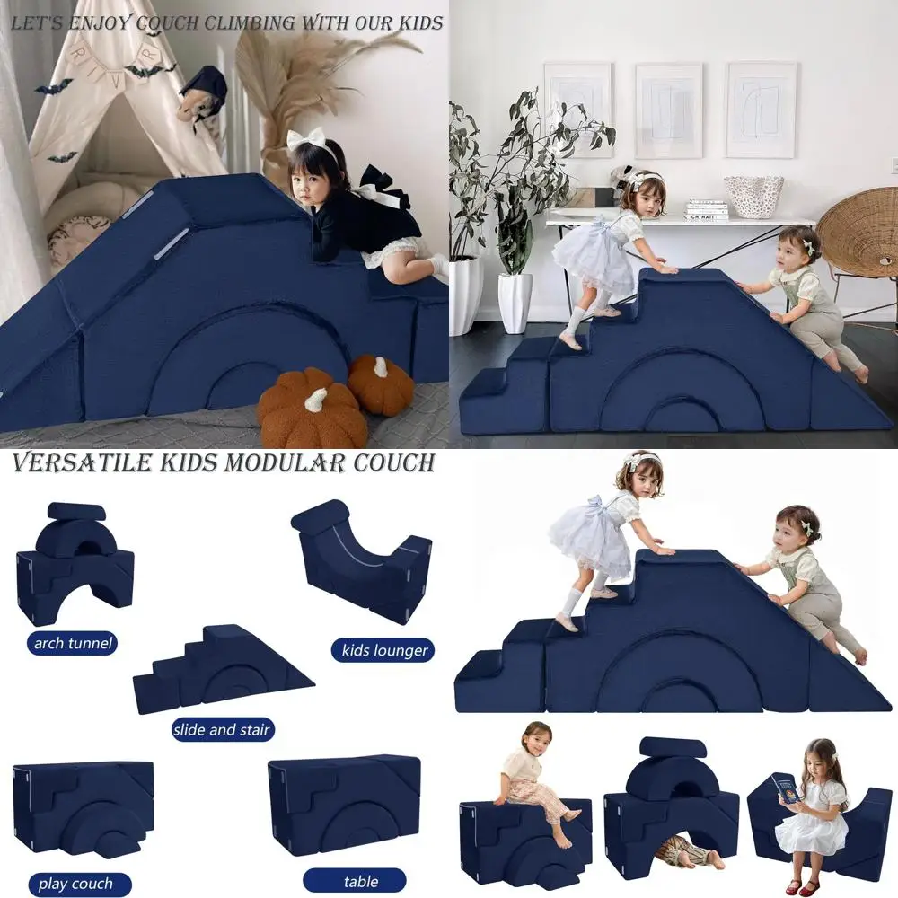 

Navy Blue Modular Children's Sofa with Slide and Stair, Convertible Foam Couch for Play and Living Spaces